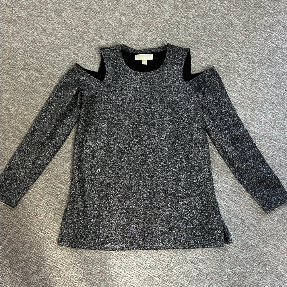 Michael Kors Black and Silver Glitter Top/ cold shoulder